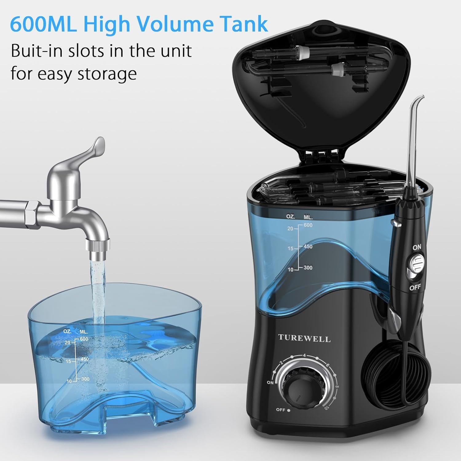 Main selling points such as the 8 tips, 10 pressure levels, and large tank.