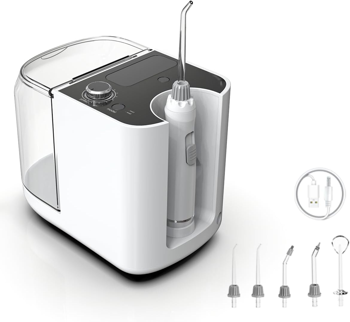 Overall design, size, and the fact that this is a countertop water flosser with a substantial base unit.