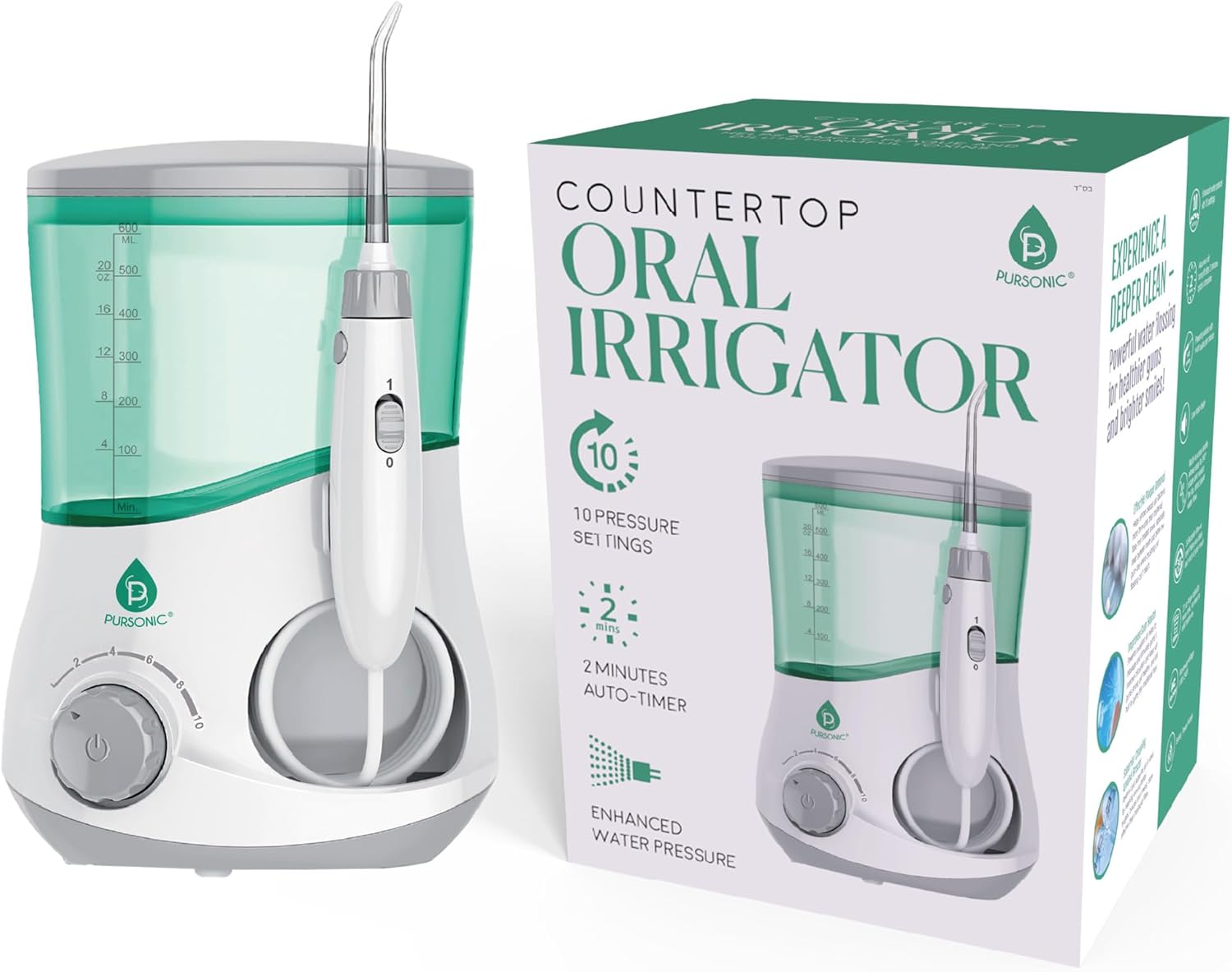 Overall form factor, compact countertop design, and the core flosser system included in the package.