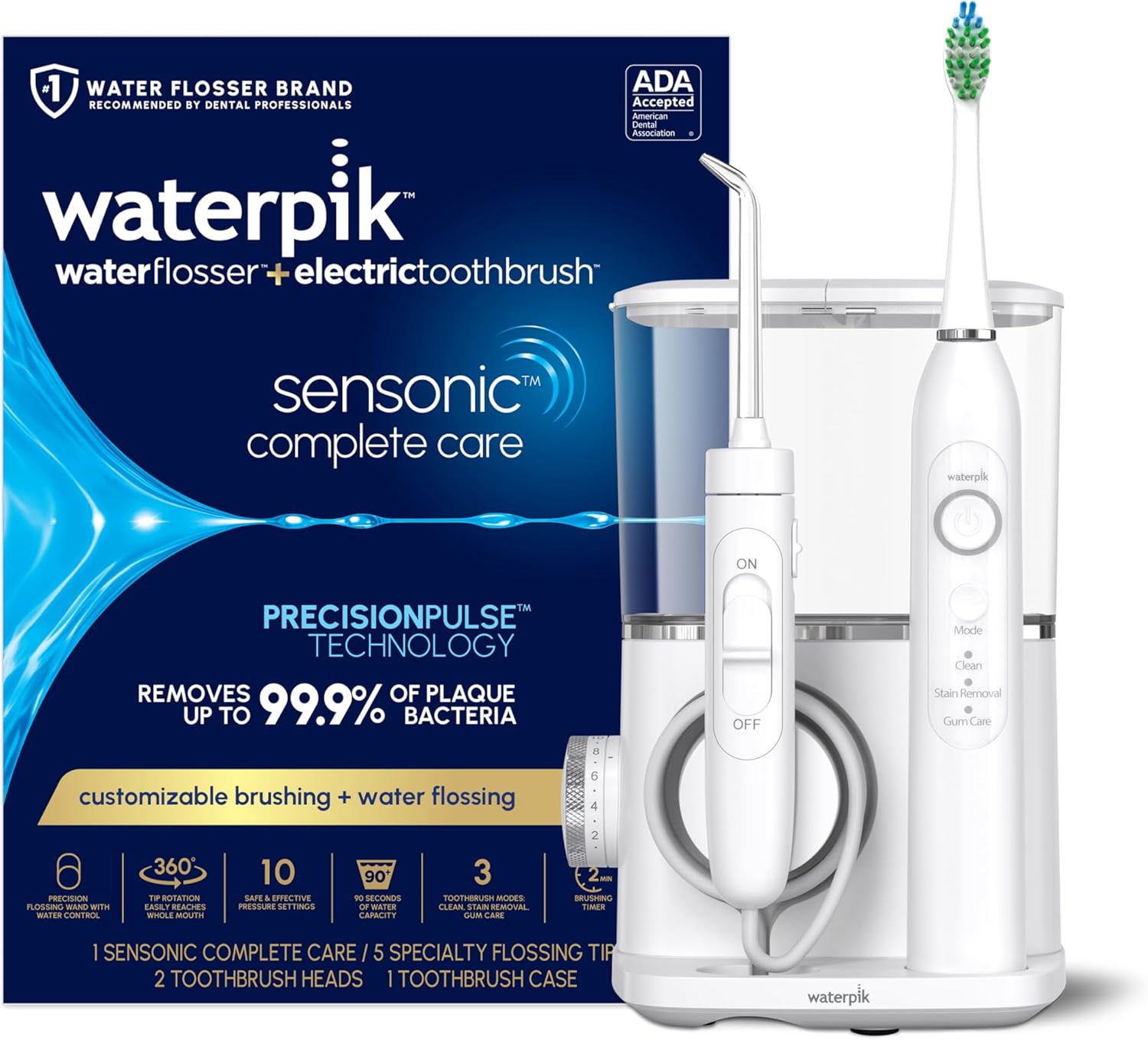 Shows the full combo and helps buyers understand that this is an integrated oral care system, not just a standalone flosser.
