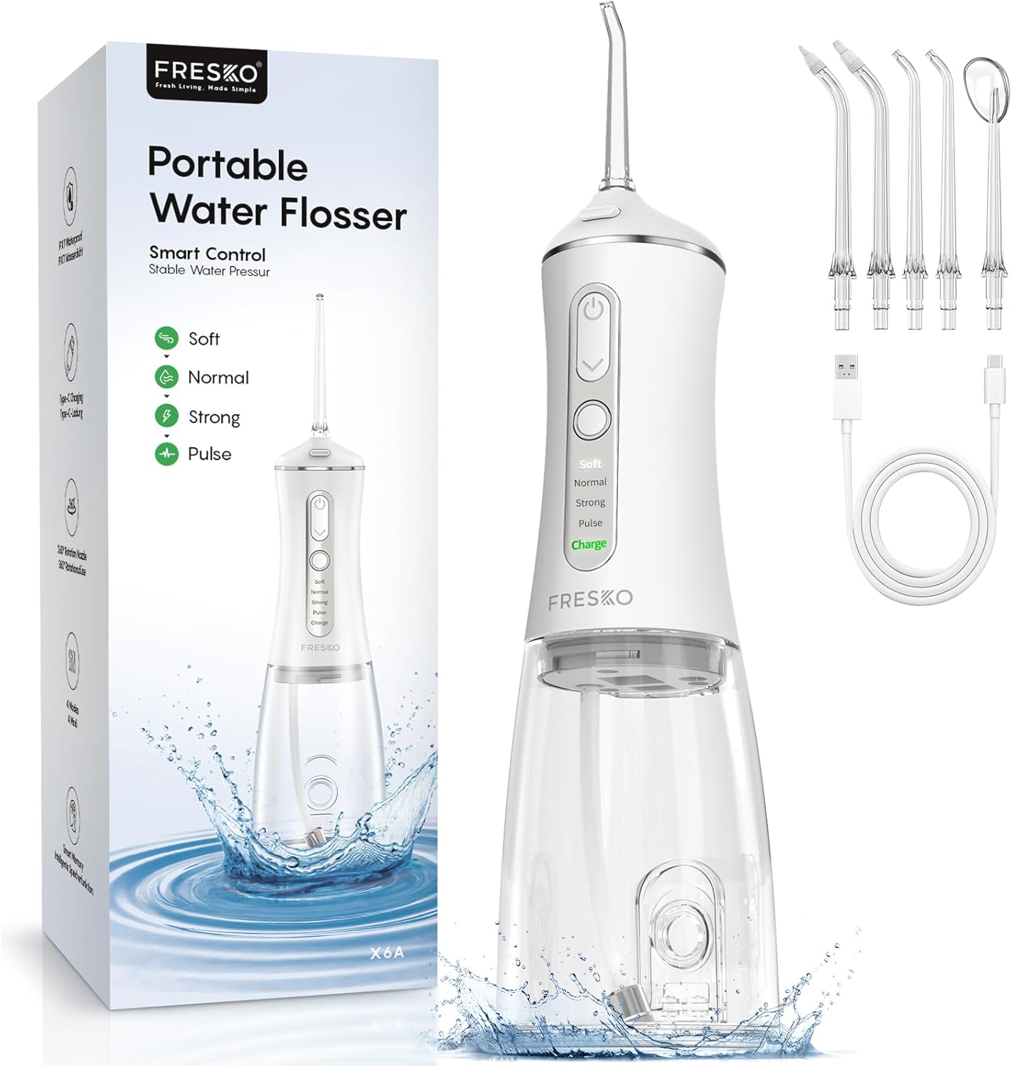 Highlights the overall design, size, and portability of the flosser.