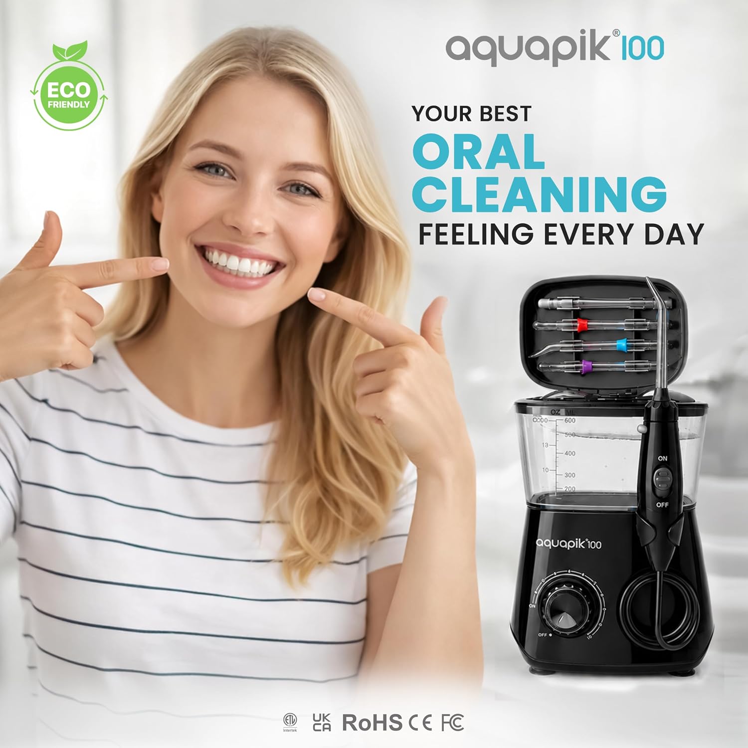Aquapik 100 Black Water Flosser, Countertop Water Pick For Teeth Cleaning