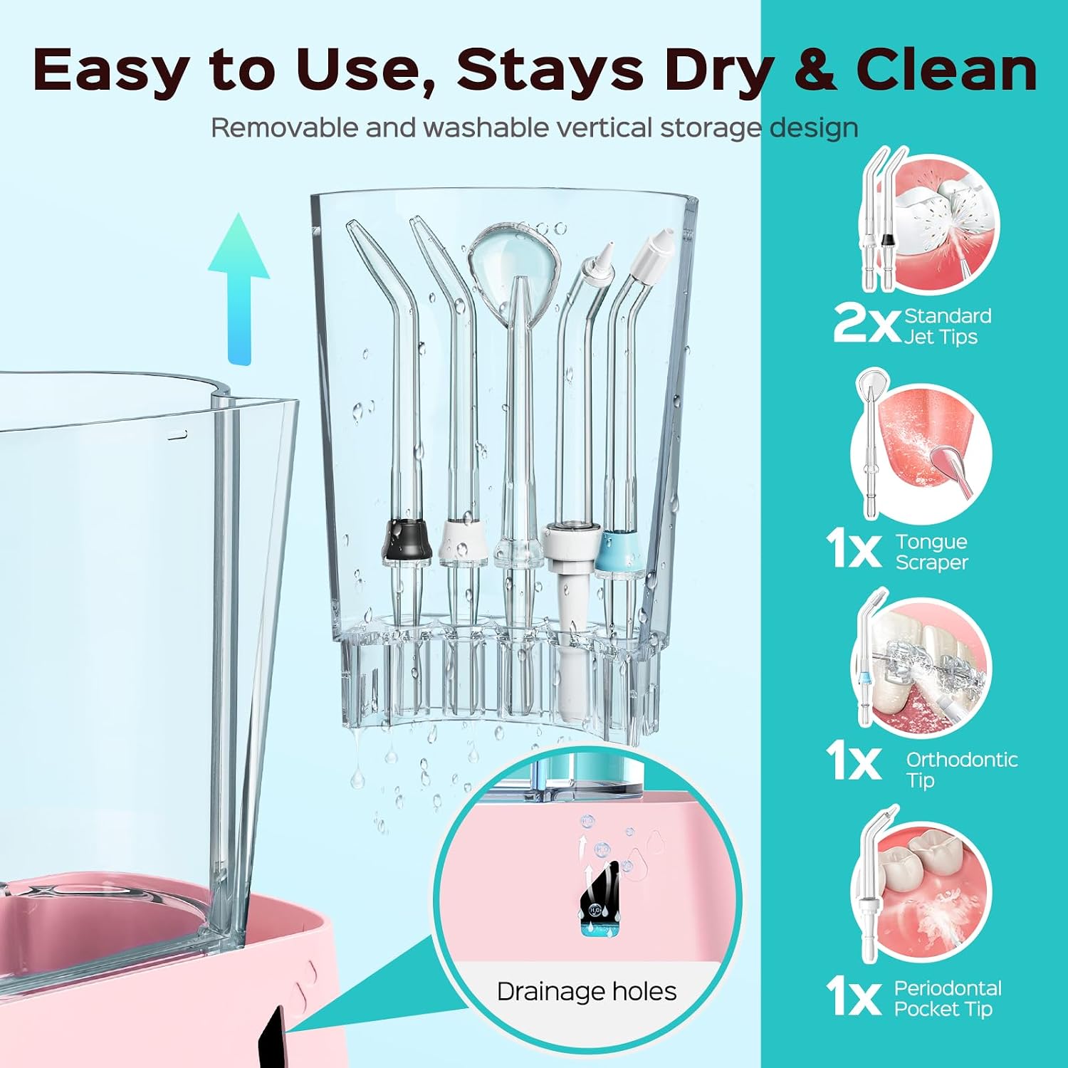 Coslus E2 Advanced Water Dental Flosser Teeth, 2 Modes 12 Pressure Settings | Electric Pick For Orthodontic, Braces, Sensitive Gums - Home Use, ​​5 Jet Tips For Multiple Family Users, Pink, Standard Set