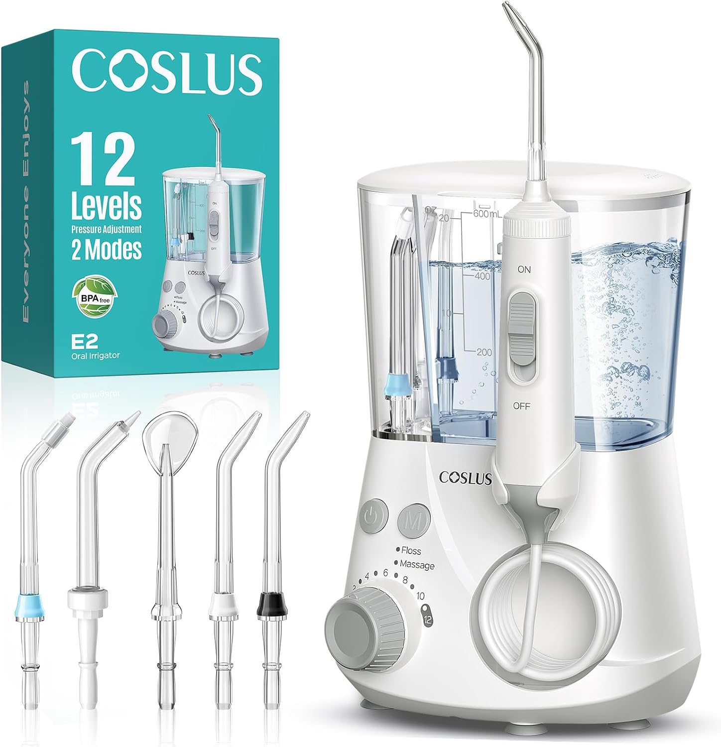 Overall design, size, and the fact that this is a countertop water flosser with a compact family-friendly footprint.