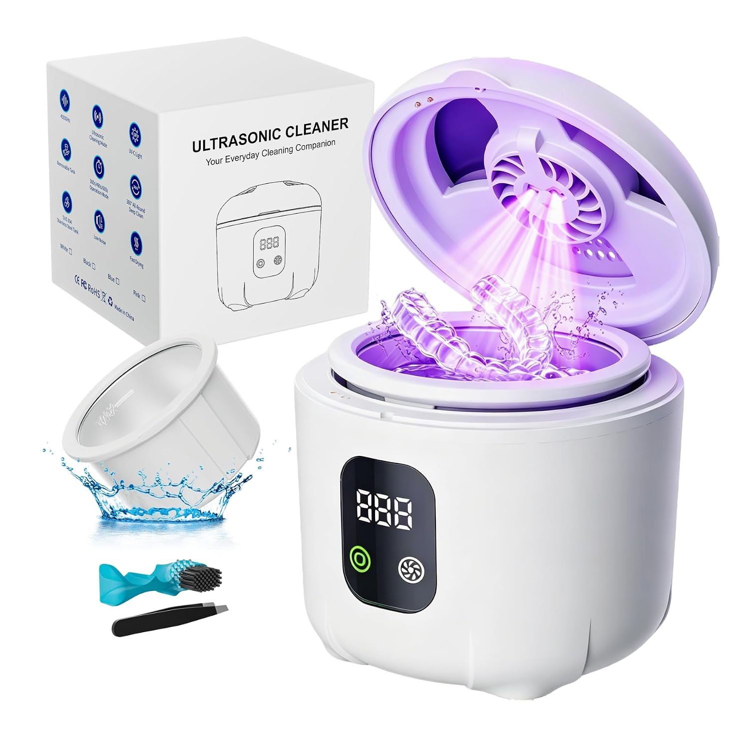 Ultrasonic Retainer Cleaner Machine,30Db Jewelry Makeup Brush Cleaner White