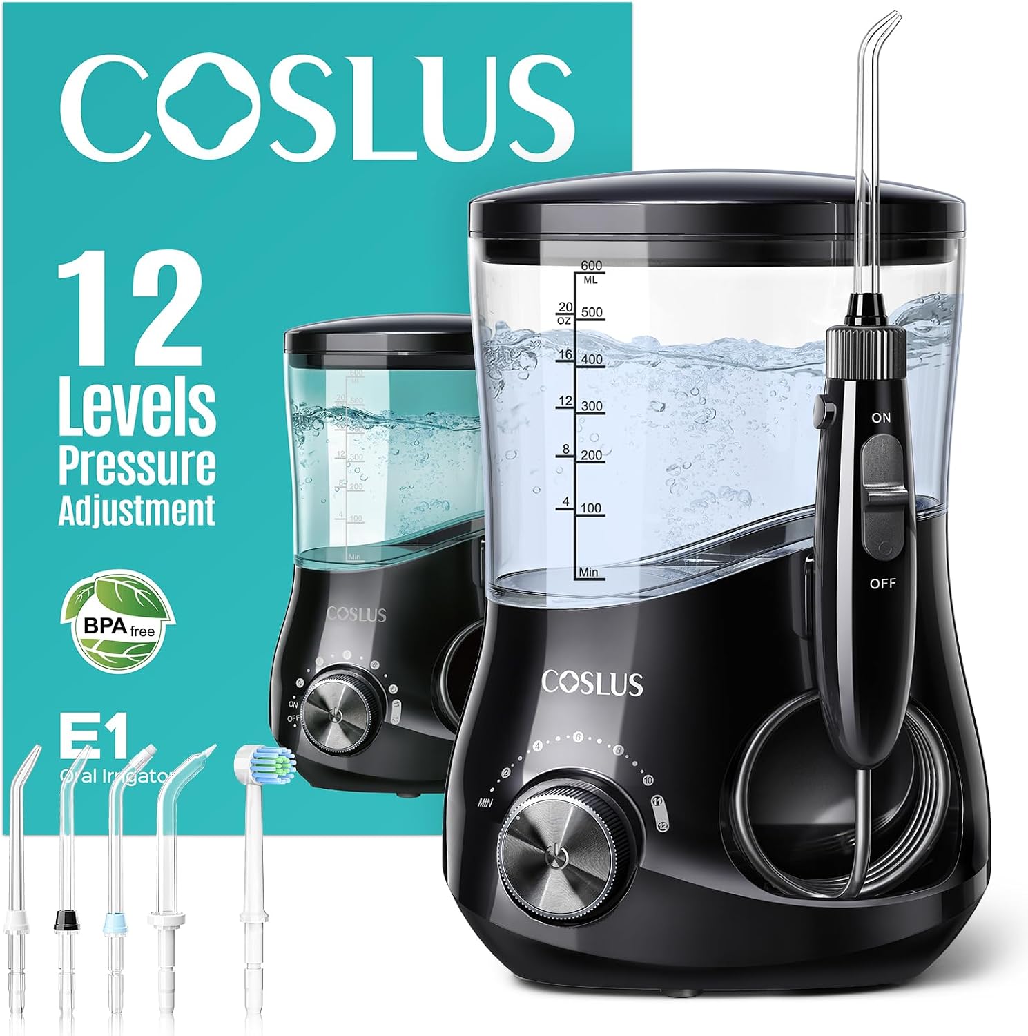 Coslus E1 Electric Water Dental Flosser, Professional 12 Pressure, Black