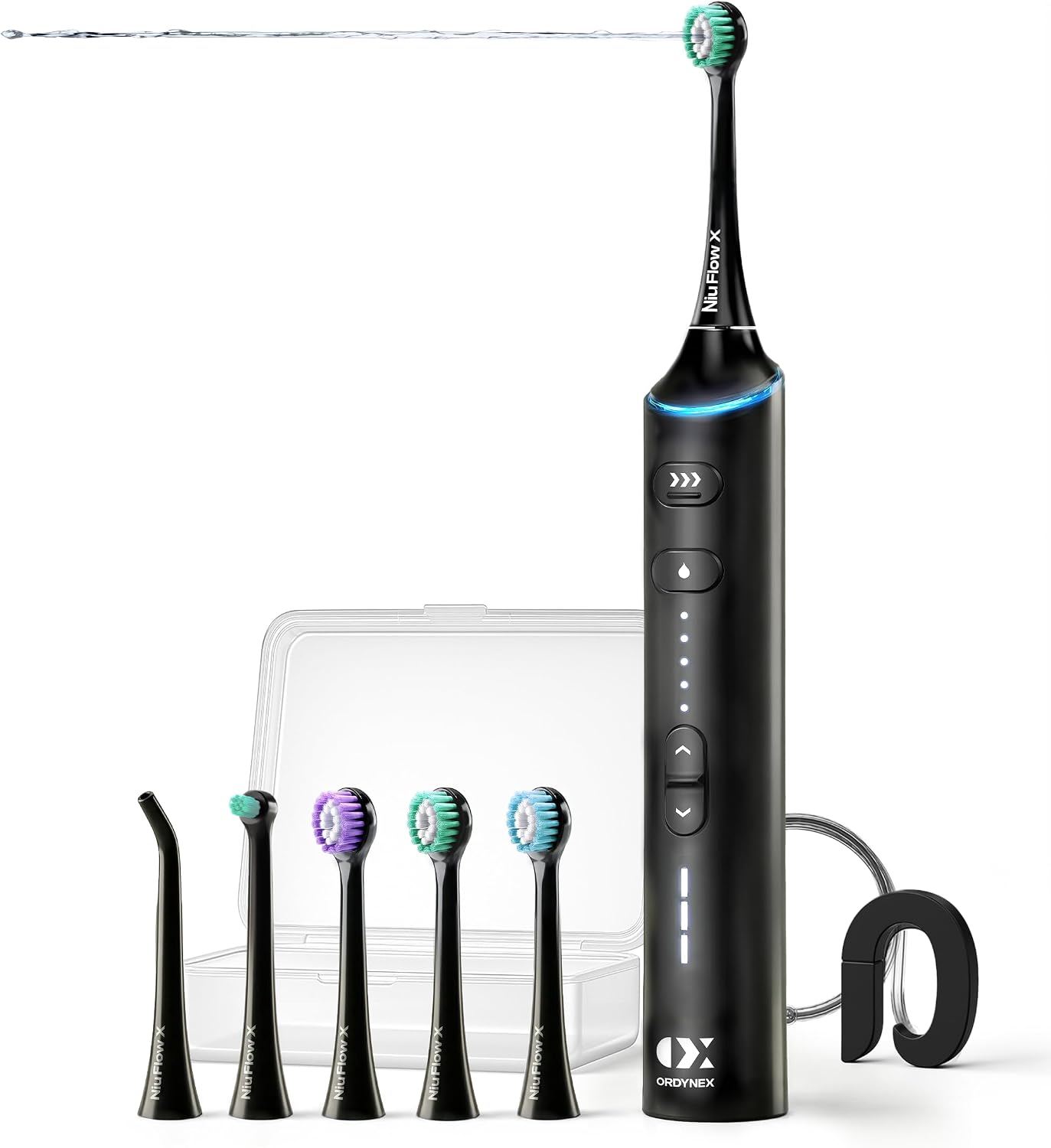 Overall product design, black colorway, and the combined toothbrush-plus-flosser concept.