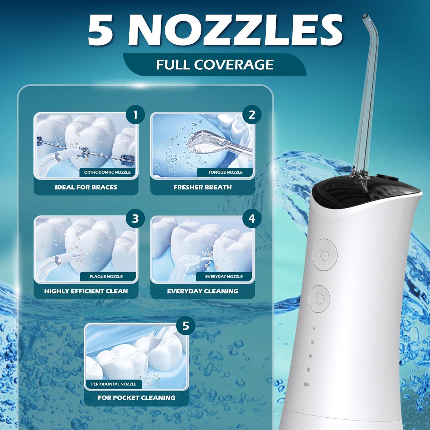 The included 5-nozzle setup and versatility for different oral-care needs.