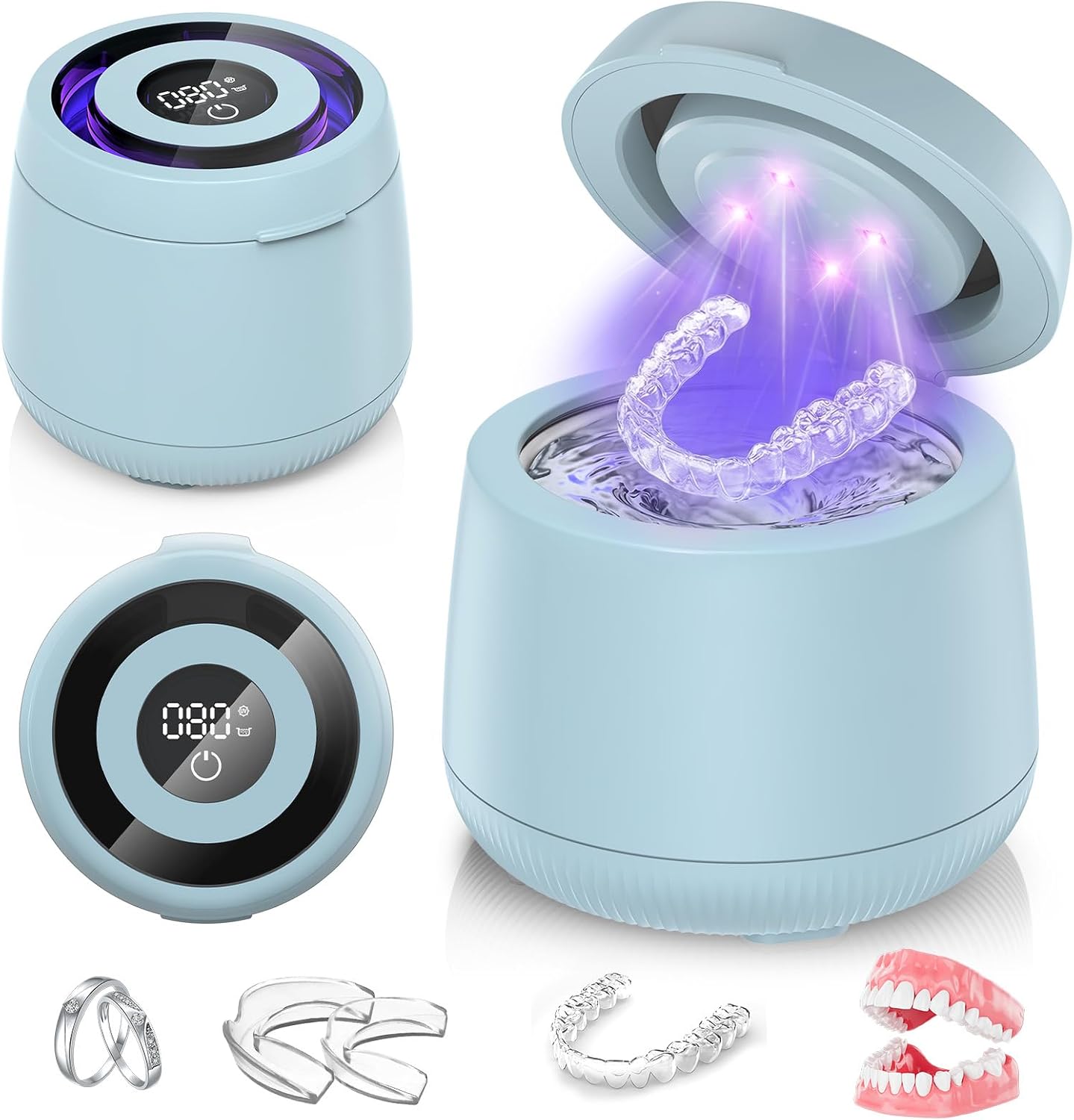 Ultrasonic Retainer Cleaner Machine, Dynamic 42-48Khz Dental Cleaning Pod With Digital Timer, 200Ml Mouth Guard Cleaner Pod For Aligners, Night Guards, Dental Trays, Braces & Toothbrushes (Blue)