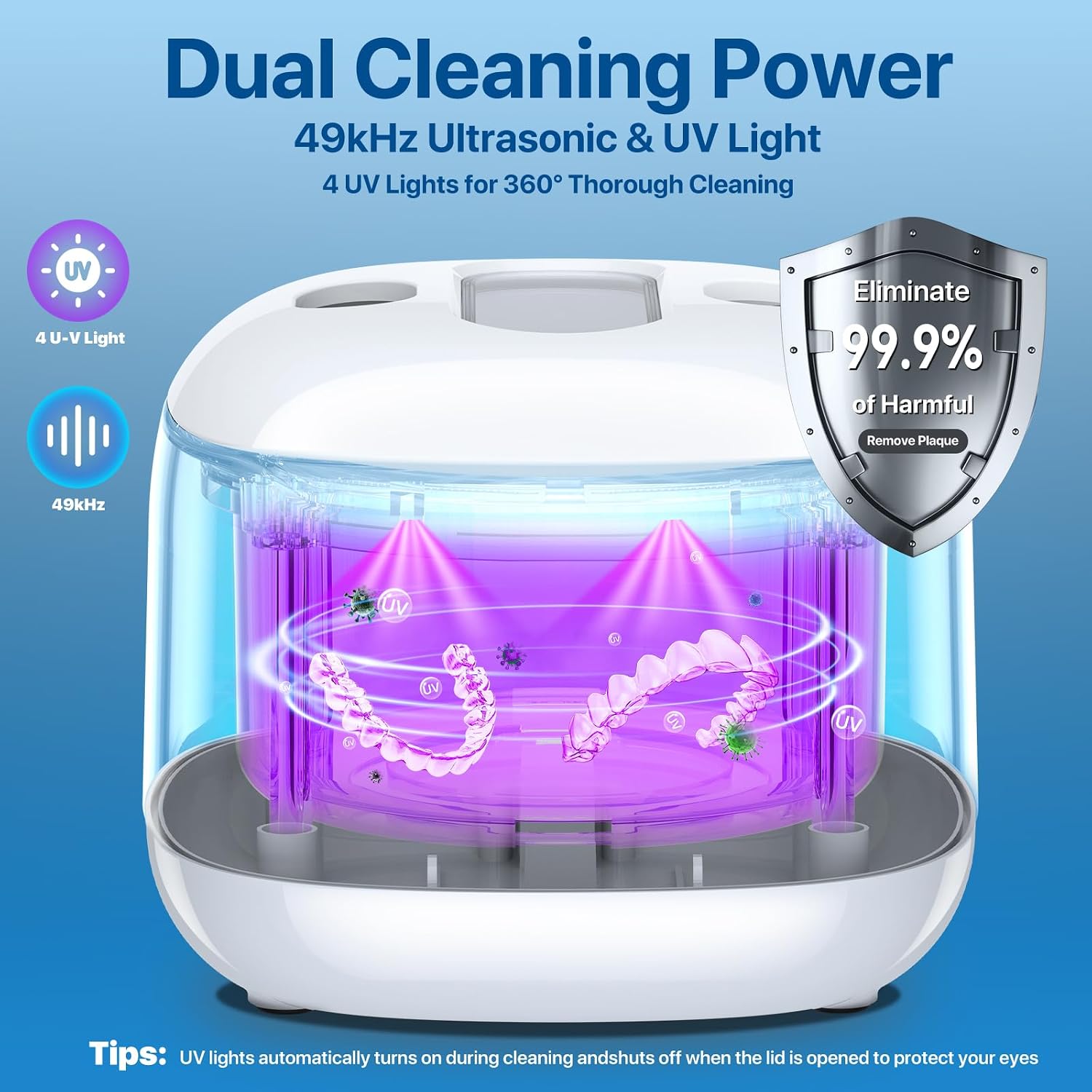 Primary functions such as ultrasonic cleaning, UV lamps, timer, and modes.