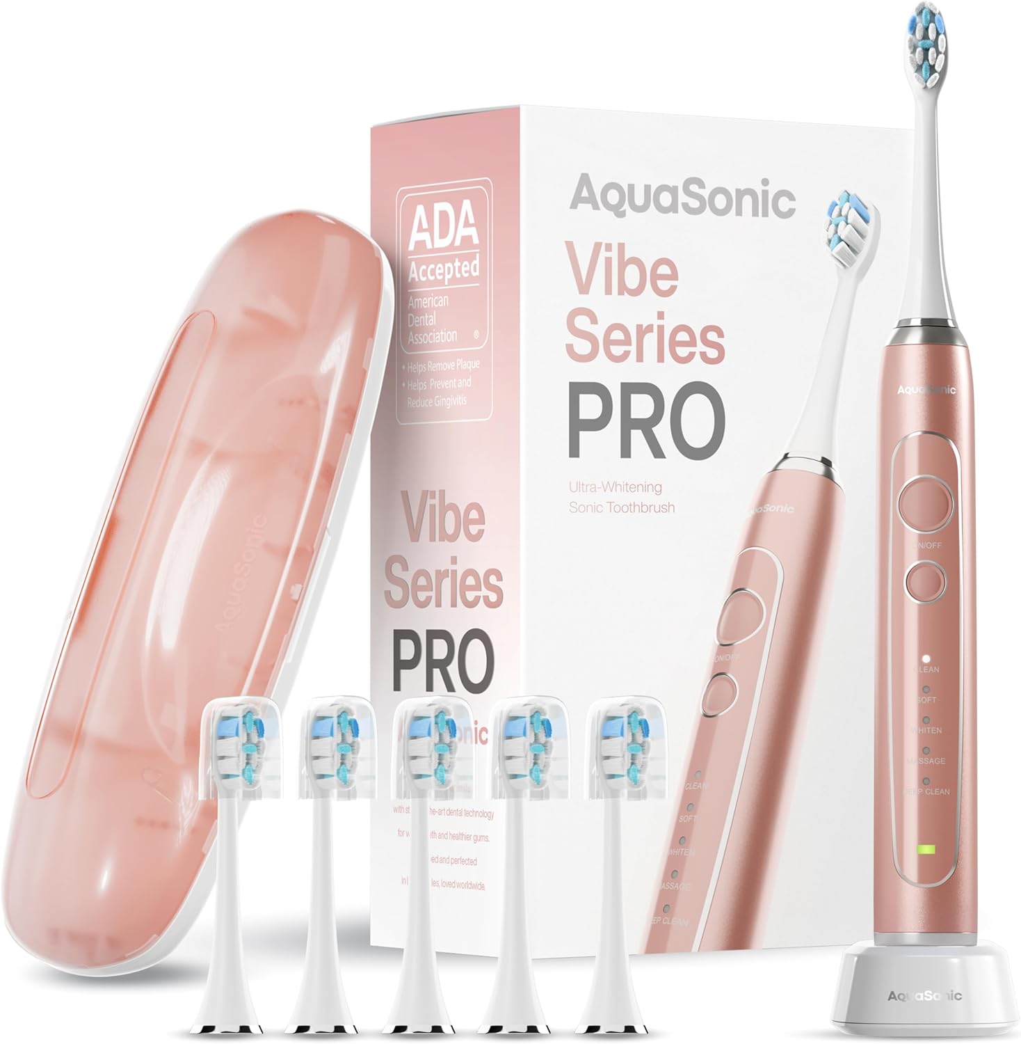 Aquasonic Vibe Series Pro – Ultra-Whitening Electric Toothbrush – 5 Modes & Smart Timers – Premium Travel Case & 6 Proflex Brush Heads – Ada Accepted Toothbrush (Rose Gold)