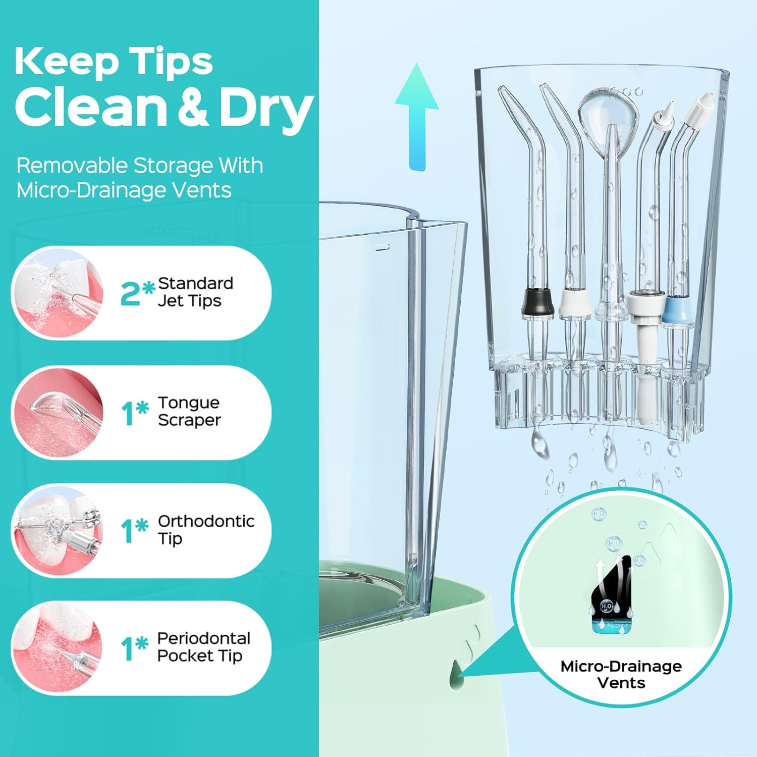 Highlights the multi-user angle and the variety of tips for different oral care needs.