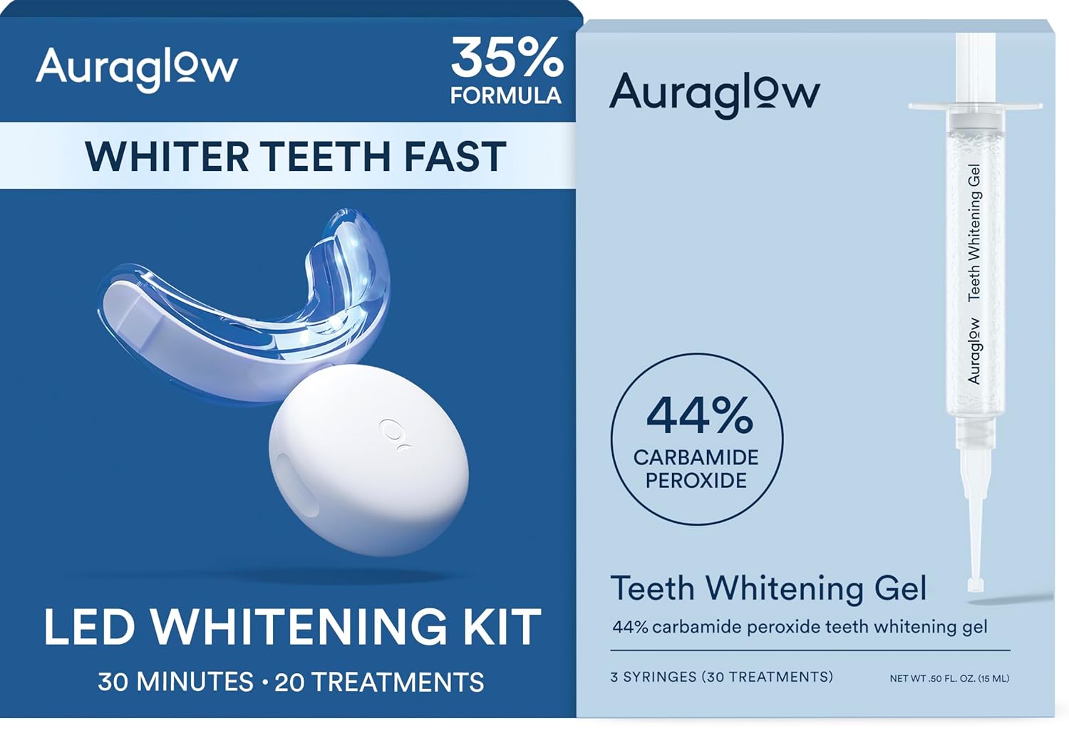 Highlights the overall kit identity, brand presentation, and the LED-based whitening setup.