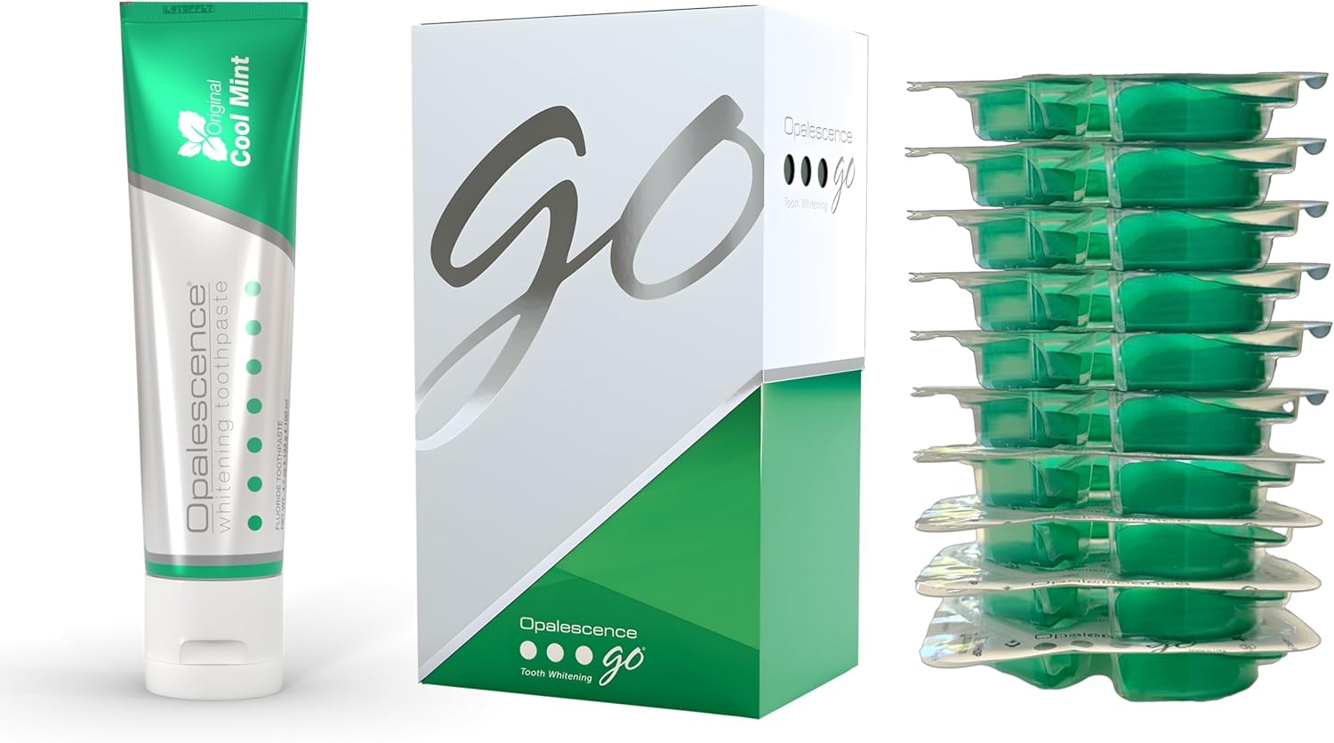 Highlights the bundle format, brand identity, and the fact that the kit includes both whitening trays and toothpaste.