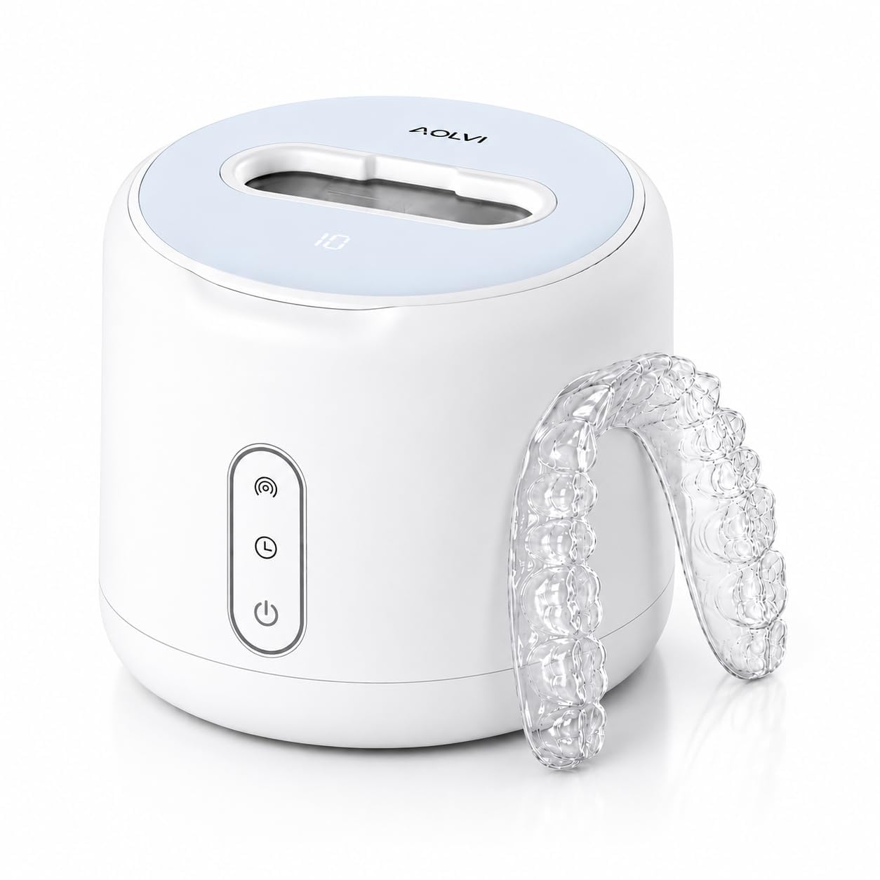 Highlights the compact form factor, modern white finish, and overall product design.