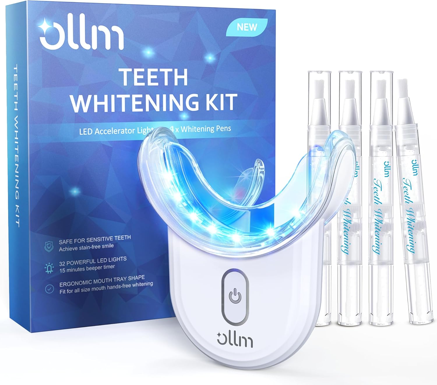 Helps communicate the complete kit contents and the wireless LED whitening system at a glance.