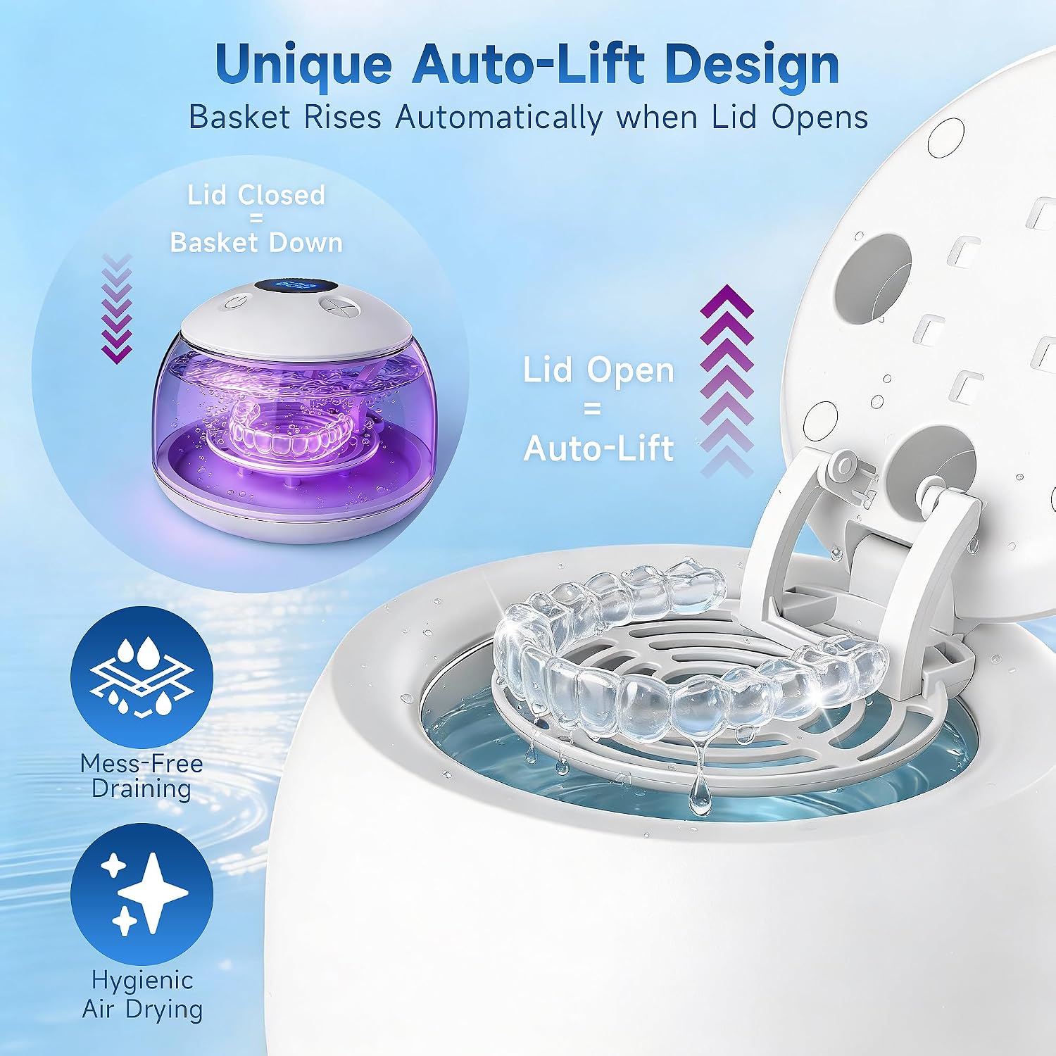 Ultrasonic Retainer Cleaner With Uv Light - 45Khz Deep Cleaning Pod For Dentures, Aligners, Night Guards - Includes Cleaning Brush, 200Ml Capacity (White)