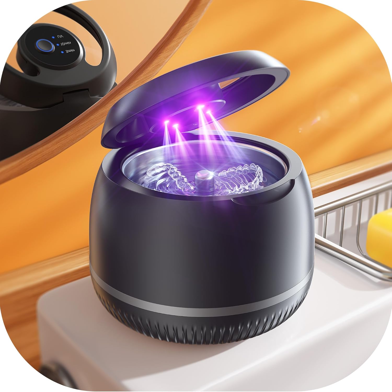Overall design, size impression, and the product’s core identity as a countertop cleaning pod for oral appliances.