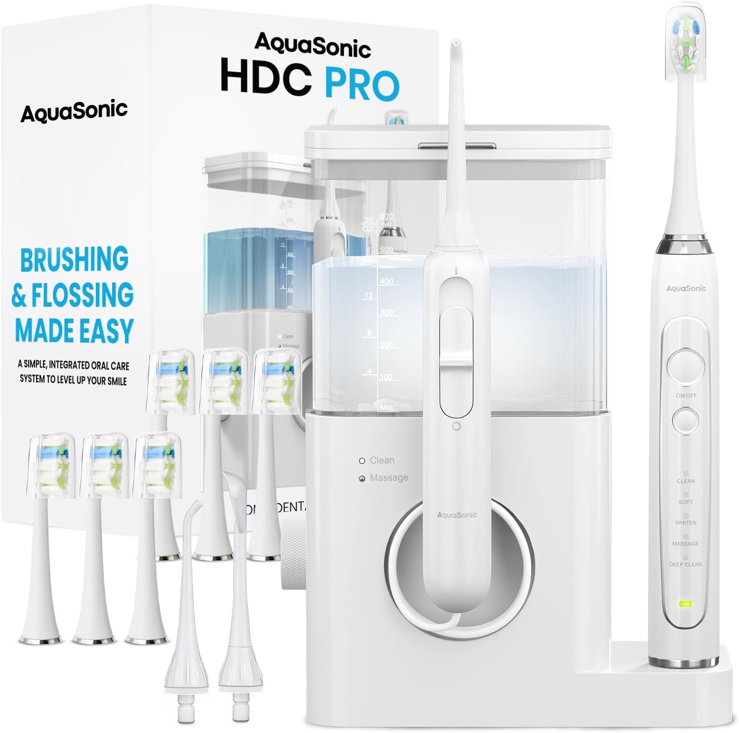 Highlights the all-in-one design, compact footprint, and premium-looking white finish.