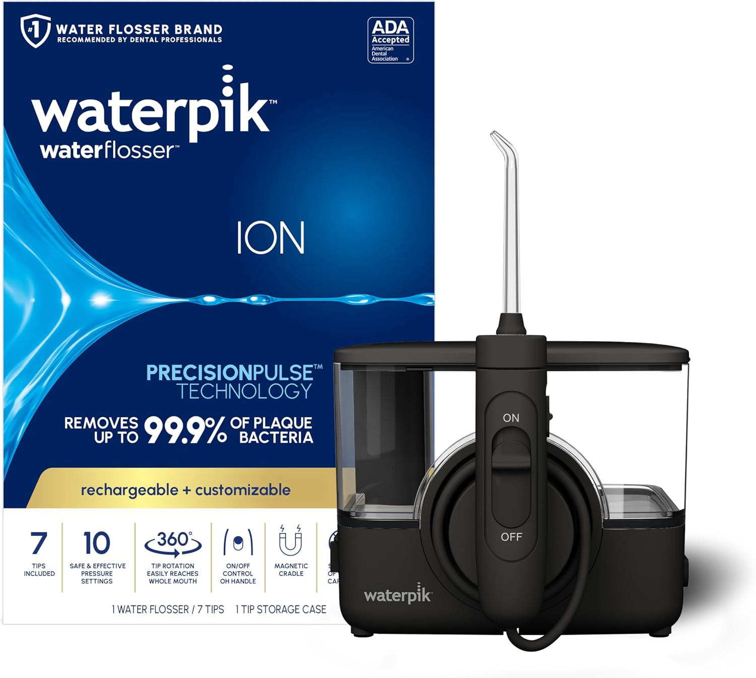 Waterpik Ion Rechargeable Water Flosser With 10 Settings, 7 Tips, Black | Portable Cordless Countertop For At Home Daily Gum Health, Dental Braces, Implants, Ada Accepted, Wf-12 Packaging May Vary