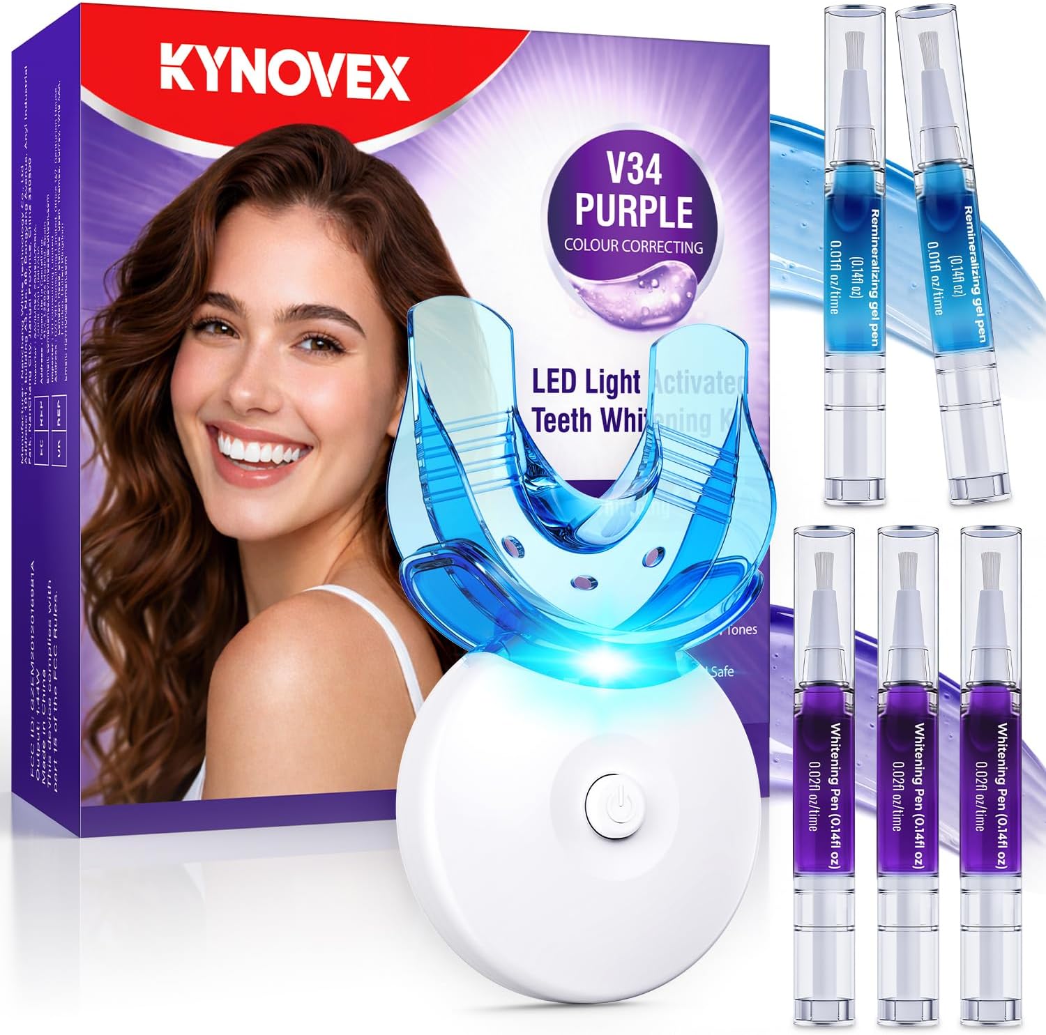 Highlights the complete kit contents and the main value proposition: an all-in-one at-home whitening set.
