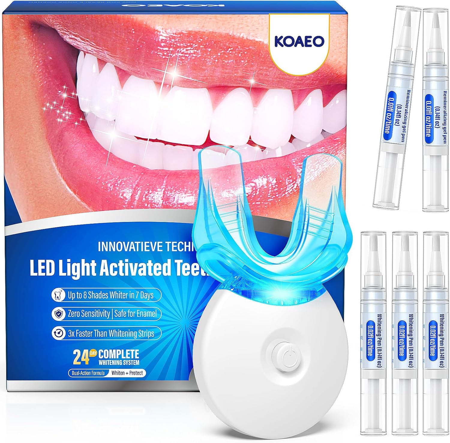 Overall kit contents and first-impression value proposition: an at-home LED whitening system with multiple pens.