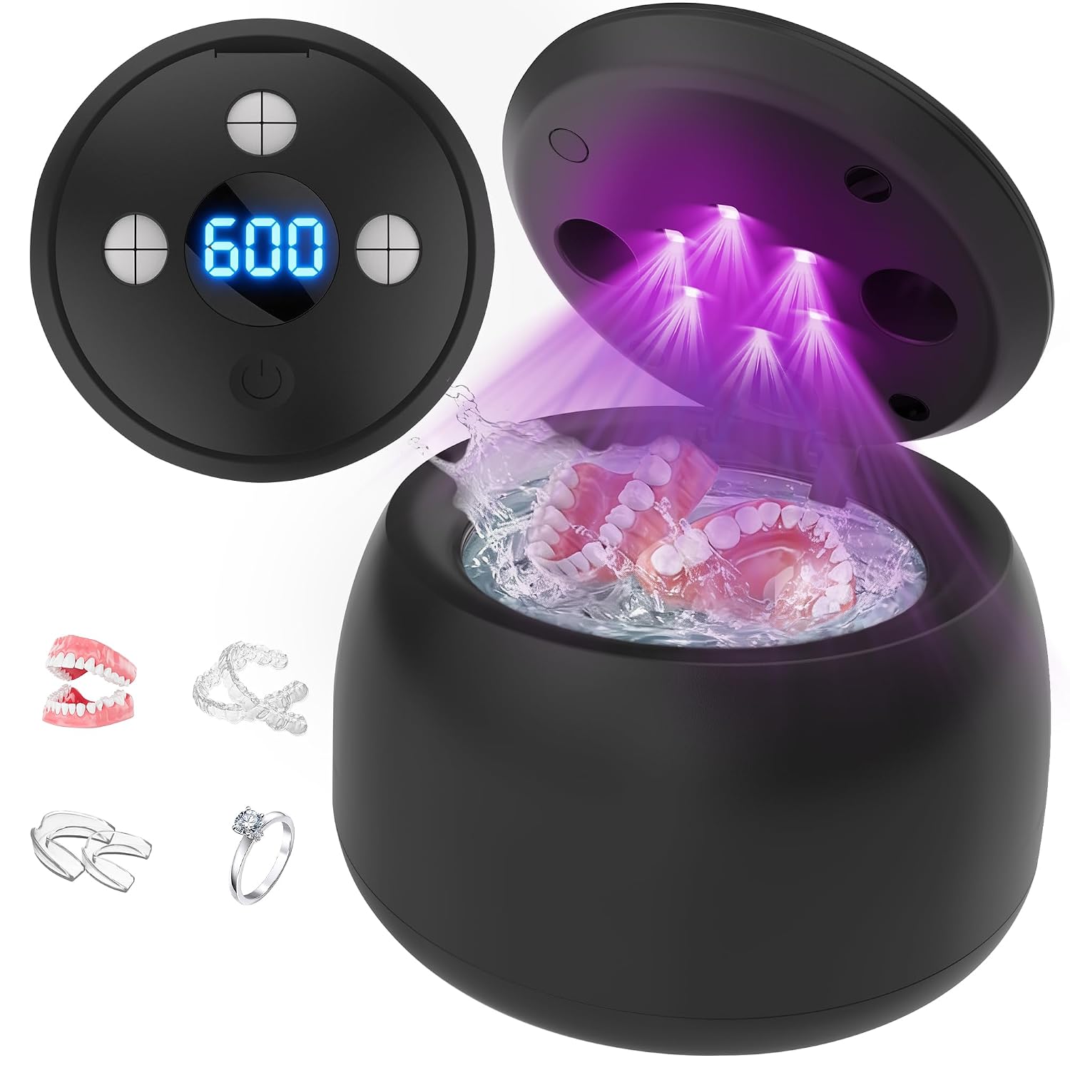 Ultrasonic Retainer Cleaner With Uv Light - 45Khz Deep Cleaning Pod For Dentures, Aligners, Night Guards - Includes Cleaning Brush, 200Ml Capacity (Black)