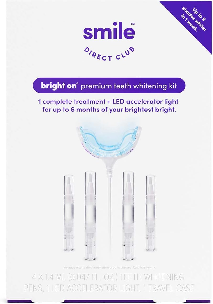 Highlights the complete kit, brand presentation, and the LED-based whitening concept.