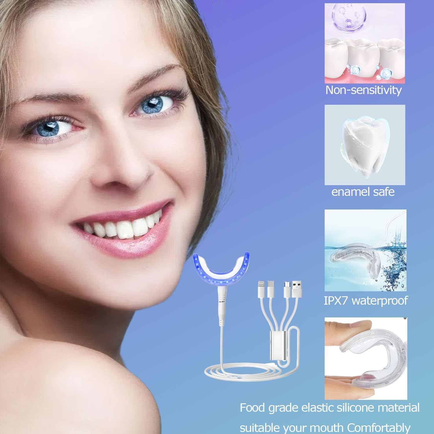 Useful for highlighting technical construction and the light-emitting design behind the whitening claim.