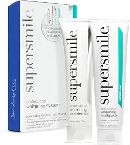 It helps identify the set as a two-step whitening kit and reinforces the premium, retail-ready presentation of the product.