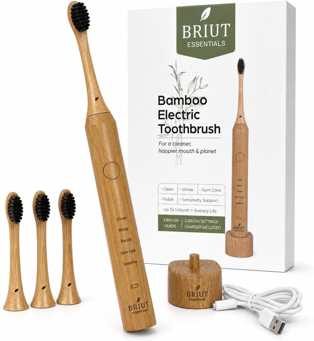 Highlights the overall look, bamboo material, and premium branding of the toothbrush.
