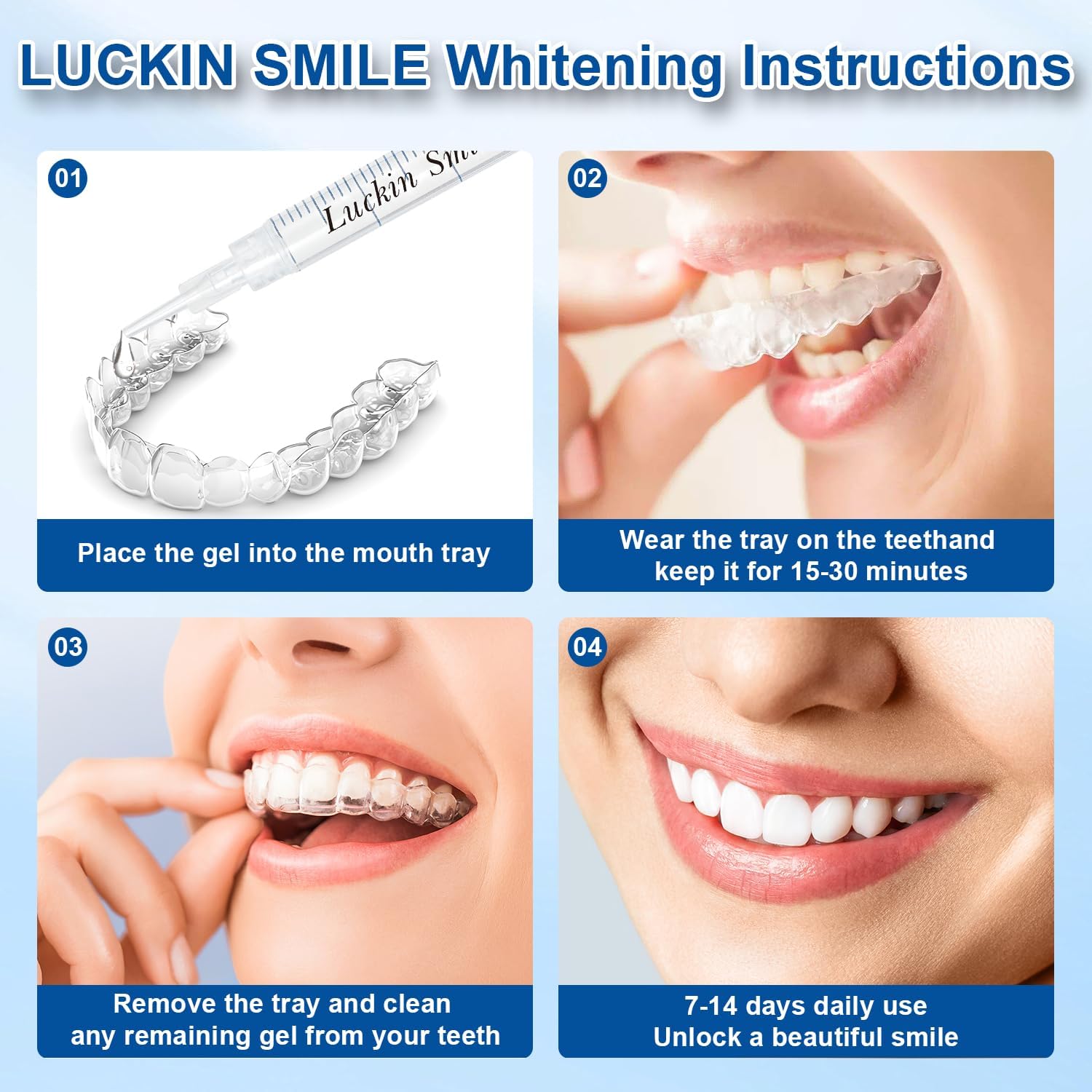 Highlights the applicator format and the convenience of dosing the gel into trays.