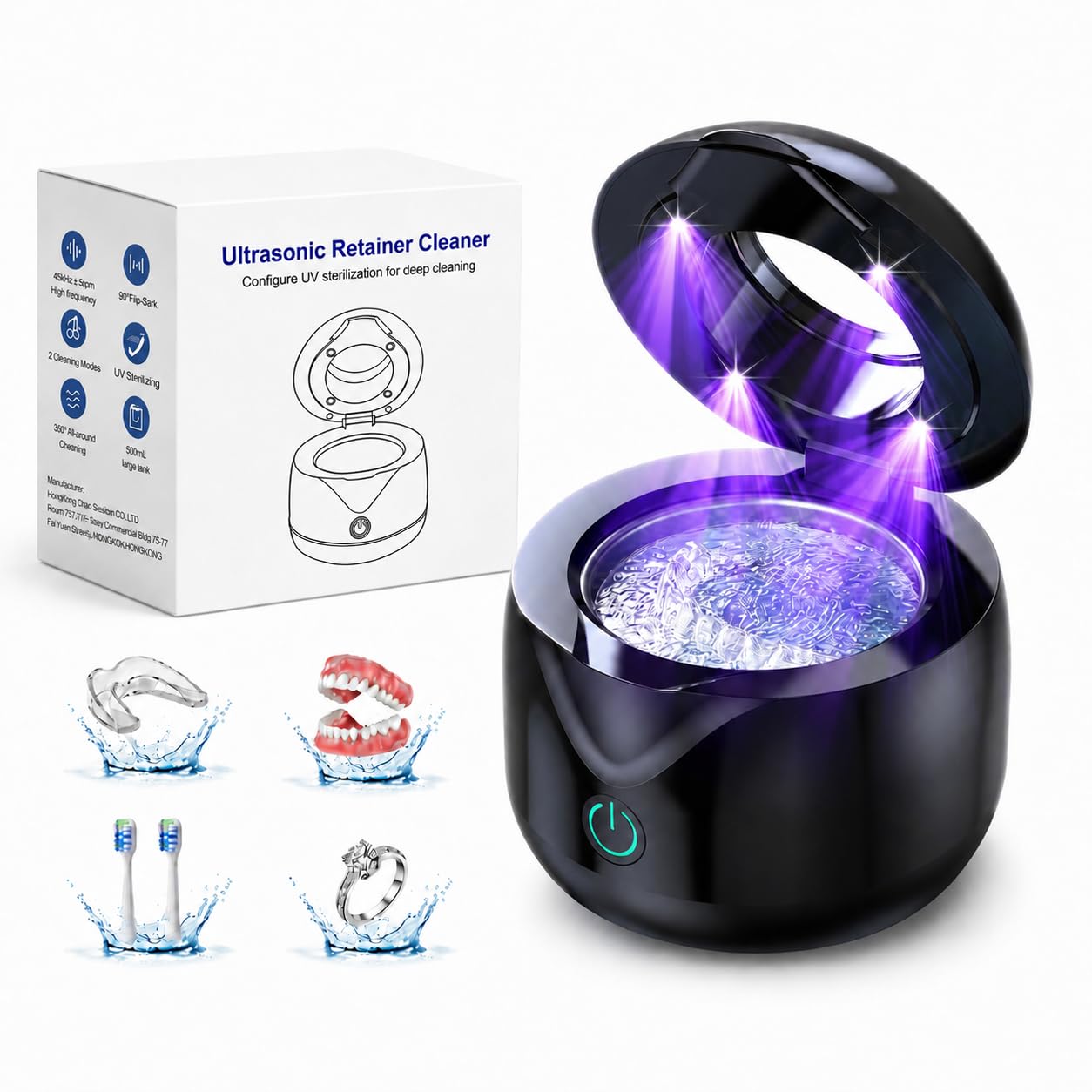 Cxruy Ultrasonic Retainer Cleaner - Uv Dental Cleaning Pod Night Guard Cleaner For Dentures, Aligner, Braces, Toothbrush Heads, Jewelry (Black)