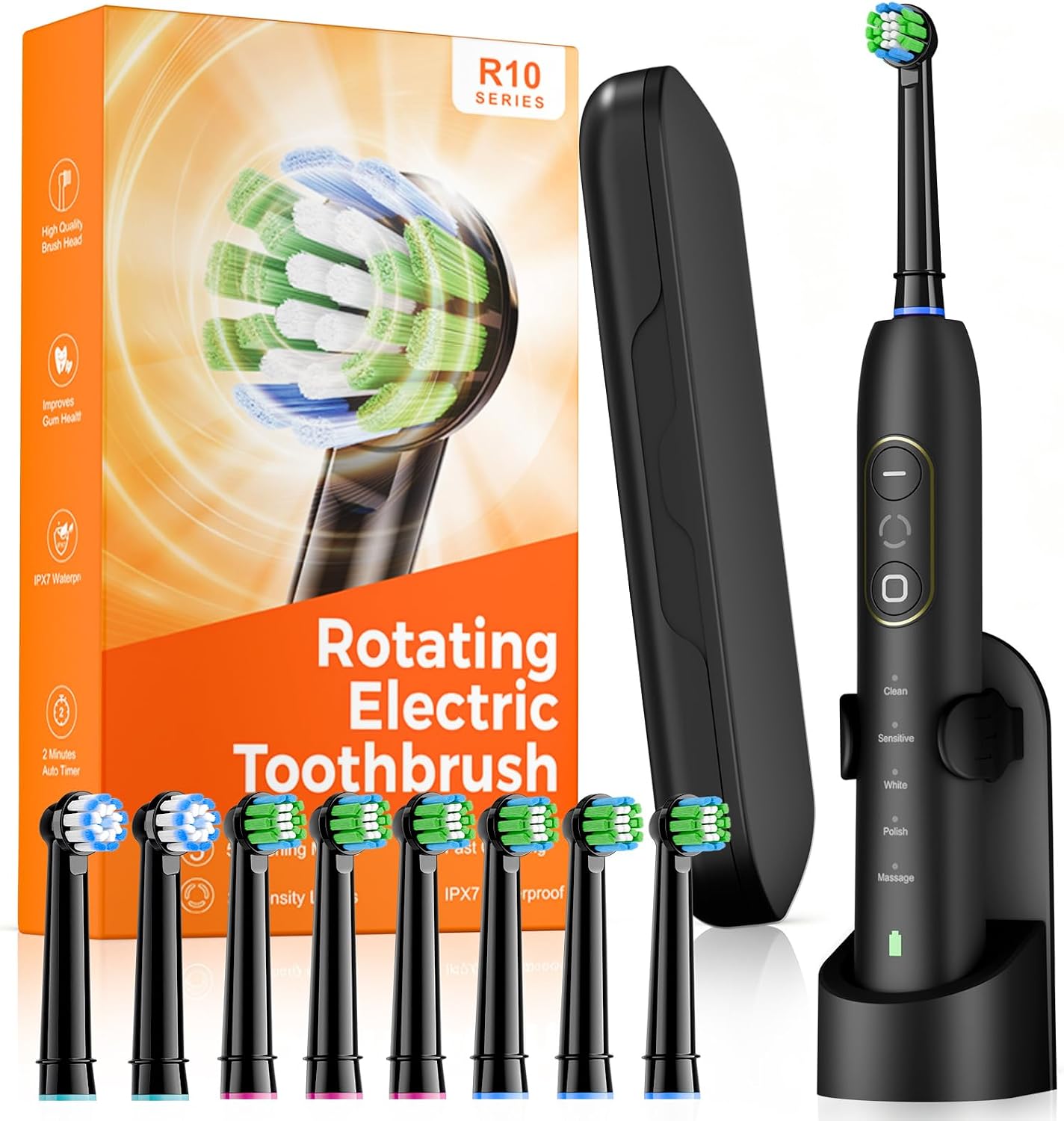 Rotating Electric Toothbrush For Adults, 8 Brush Heads, Black