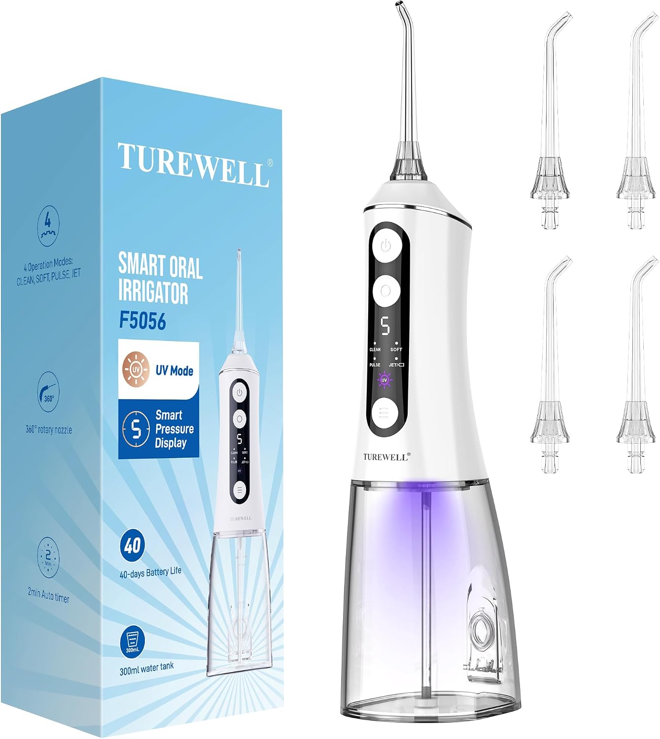 Introduces the overall form factor, portability, and premium hygiene-focused positioning of the UV water flosser.
