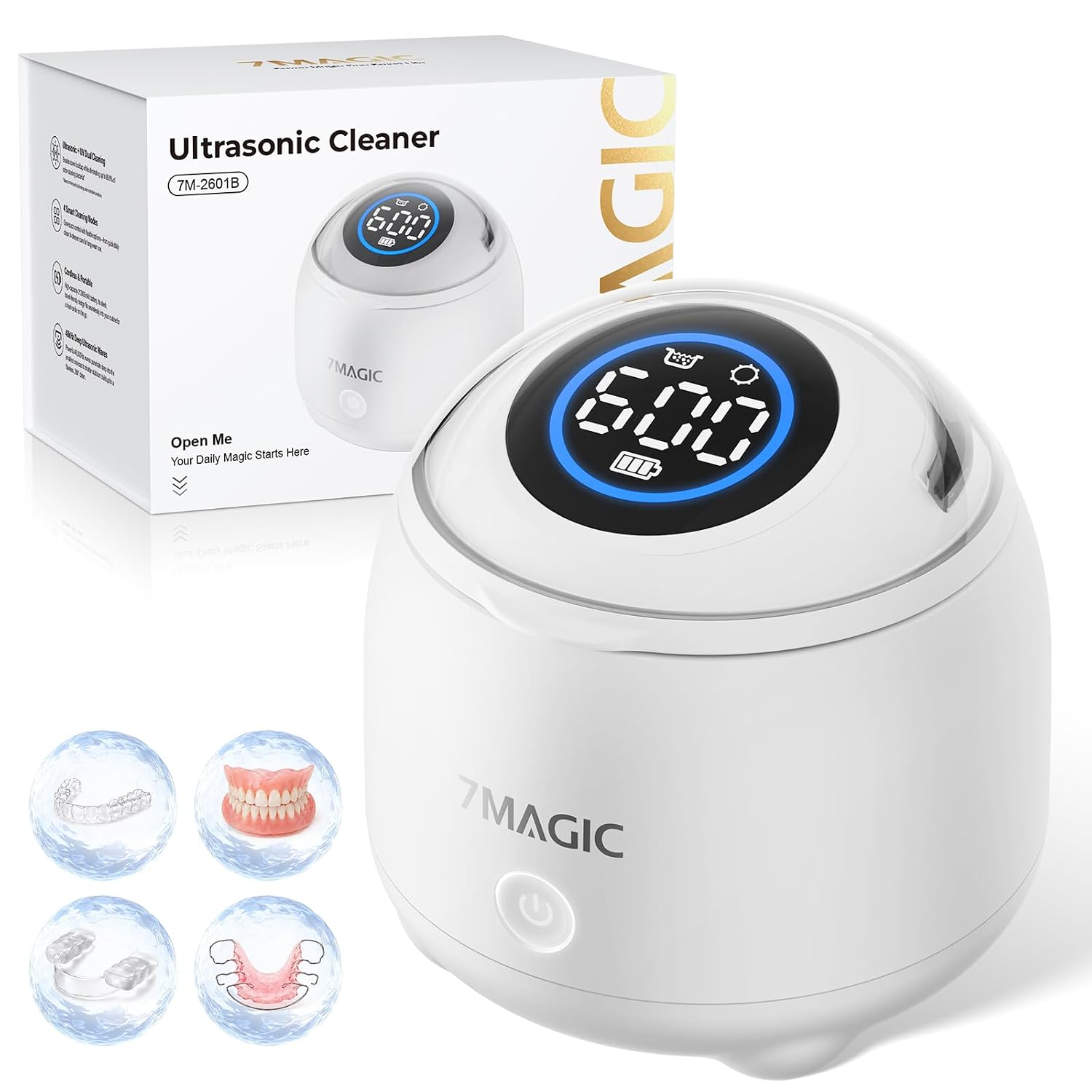 7Magic Cordless Ultrasonic Retainer Cleaner Machine, 48Khz, 200 Ml, White