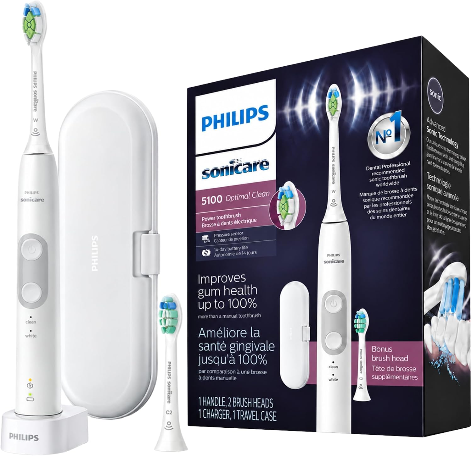 Philips Sonicare Rechargeable Electric Toothbrush With Pressure Sensor, 2 Cleaning Modes, 2 Brush Heads, Travel Case And Charger, White/Gray (Packaging May Vary)