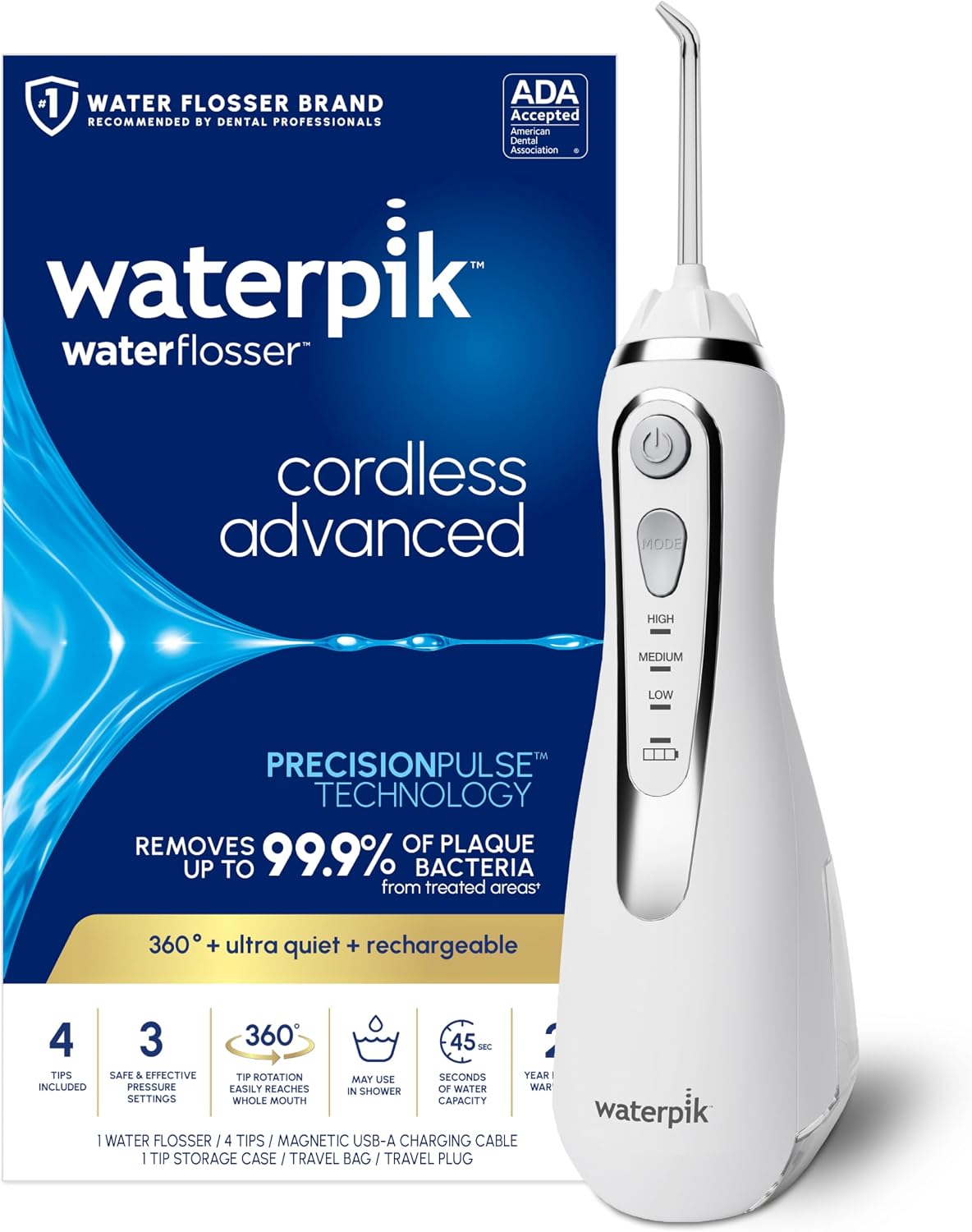 Overall product design, portable cordless form factor, and white color finish.