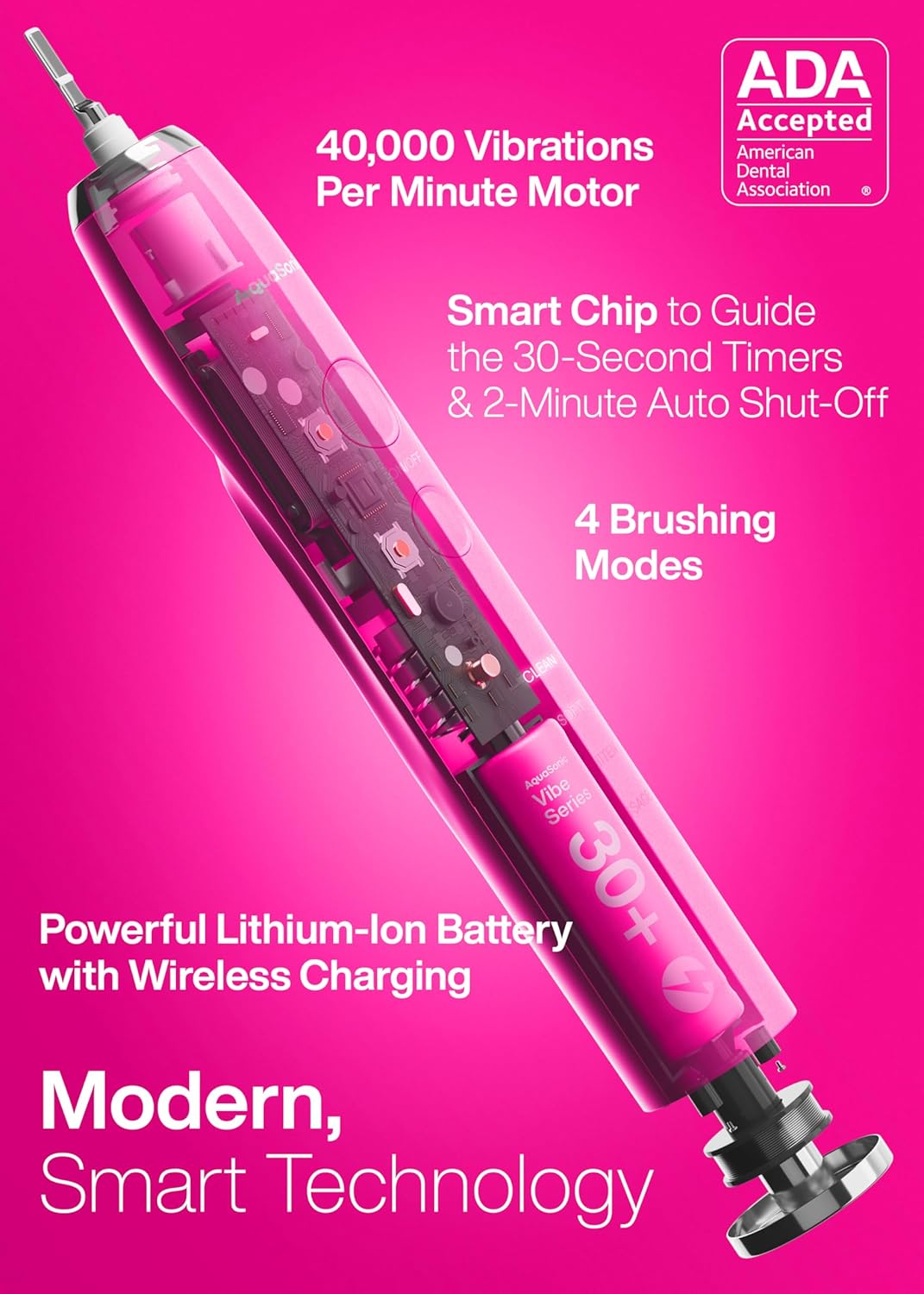 Aquasonic Vibe Series Ultra-Whitening Toothbrush – Ada Accepted Electric Toothbrush - 8 Brush Heads & Travel Case – 40,000 Vpm Motor & Wireless Charging - 4 Modes W Smart Timer – Electric Pink
