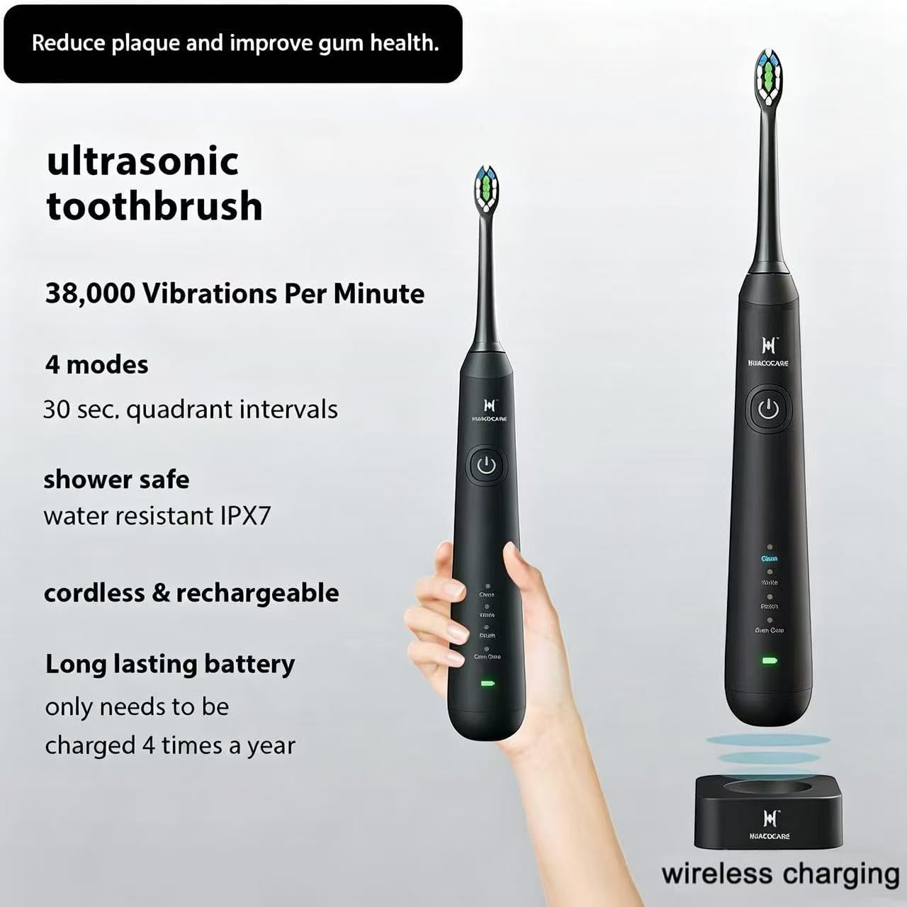 Supports the key selling points such as flossing modes, brushing modes, battery, tank size, and waterproof rating.