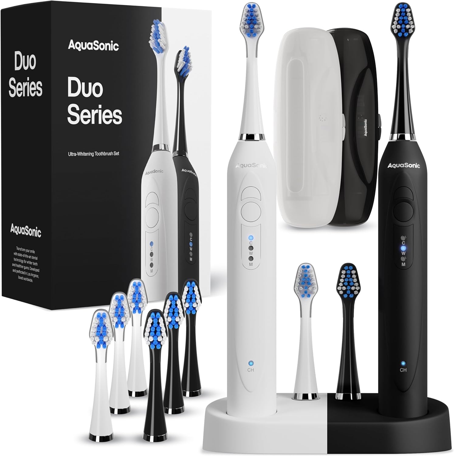 Highlights the dual-brush concept, overall design, and the fact that this is a complete set rather than a single toothbrush.