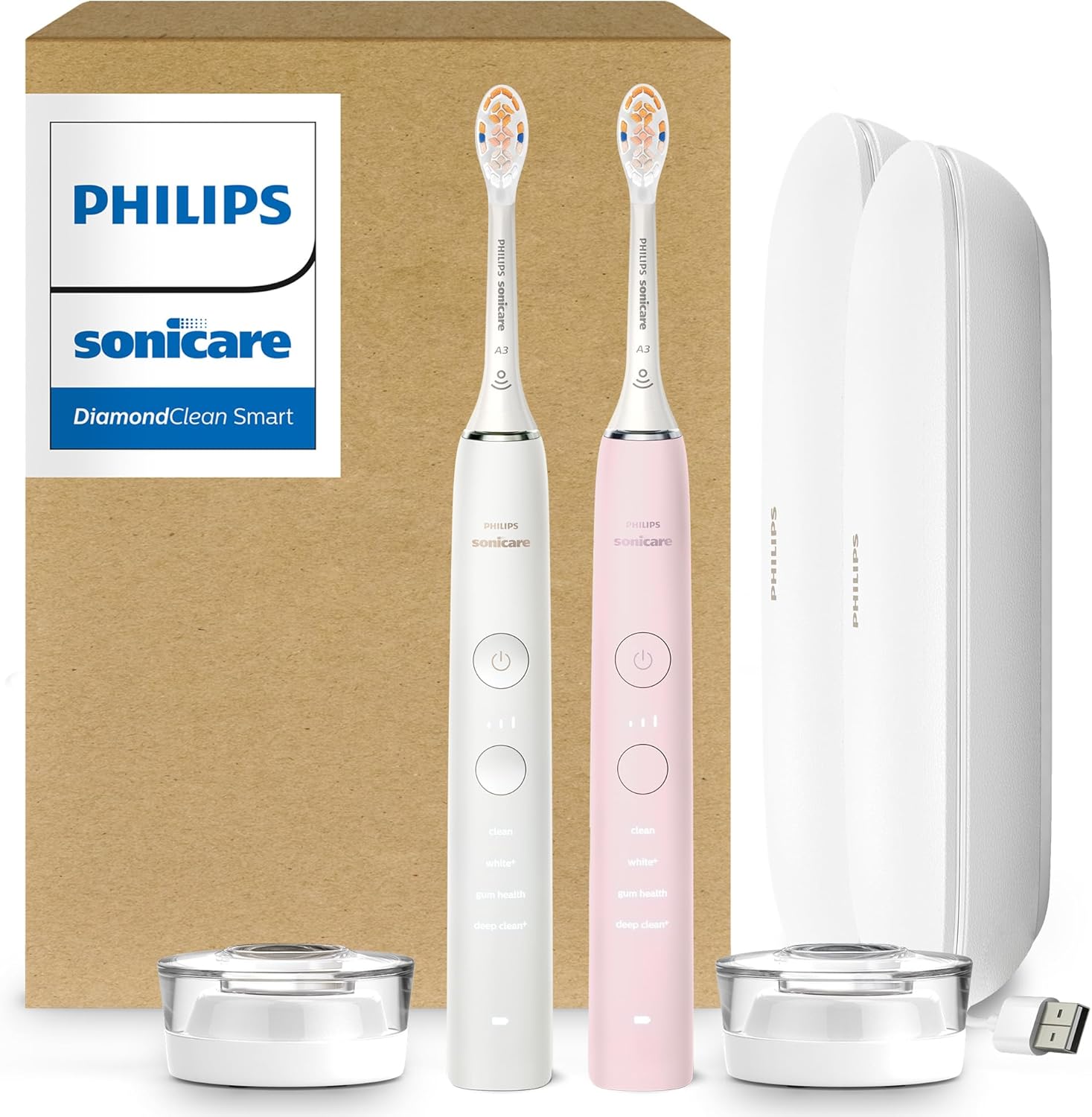 Philips Sonicare Diamondclean 9000 Electric Toothbrush - Sonic Toothbrush With App, Pressure Sensor, 12 Brushing Settings, Replacement Reminder, Charging Travel Case, White & Pink, 2-Pack, Hx9912/72