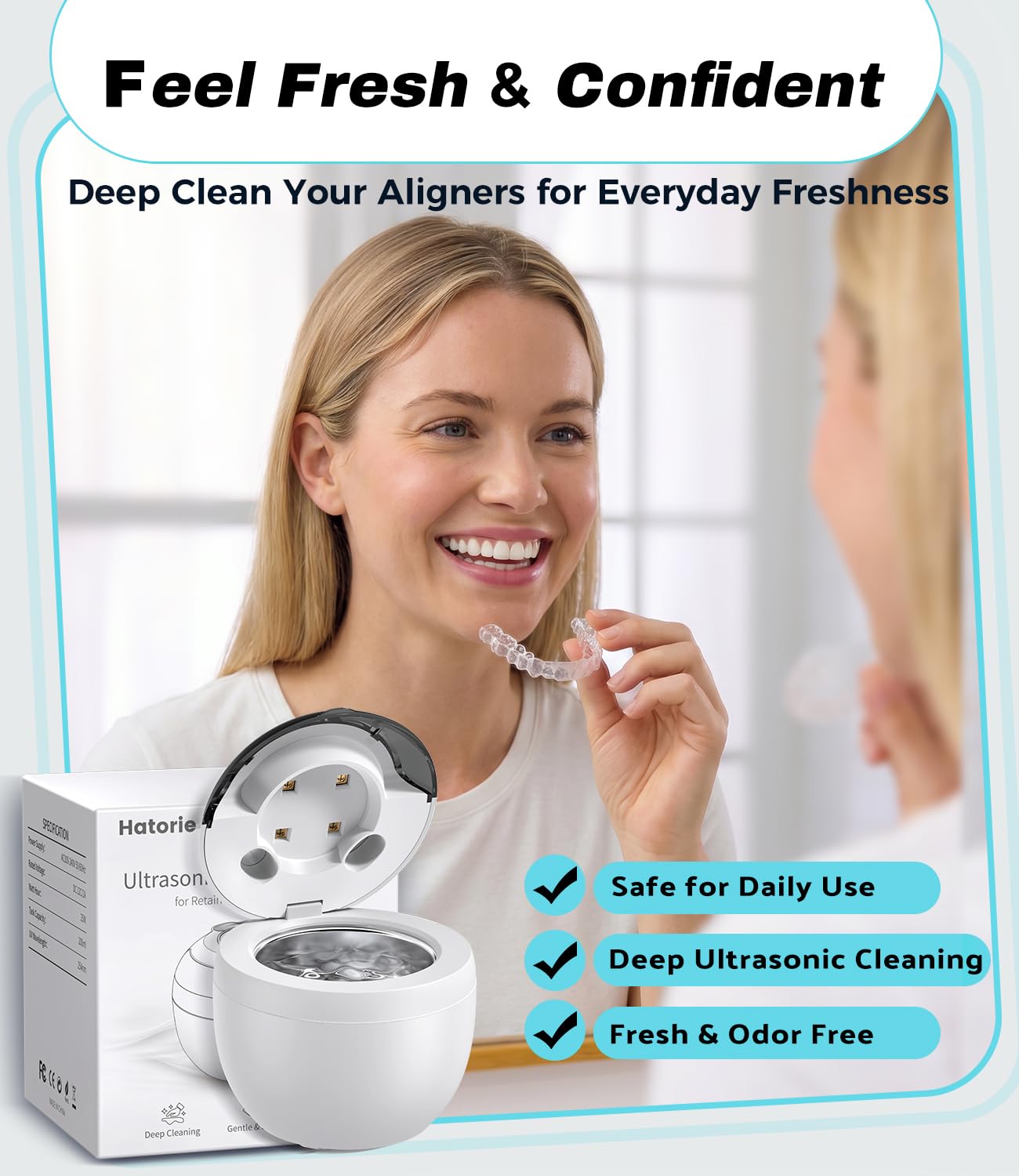 Ultrasonic Retainer Cleaner Machine, 45Khz Deep Gentle Dental Cleaning Pod With 304 Stainless Steel Tank, 4 Cleaning Modes For Aligners, Dentures, Mouth Guards, Night Guards, Toothbrush Heads